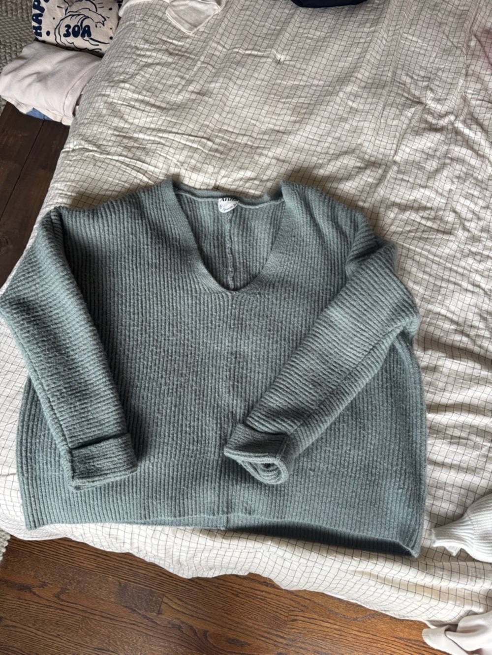 ARULA V-Neck Ribbed Sweater in Sage Green
